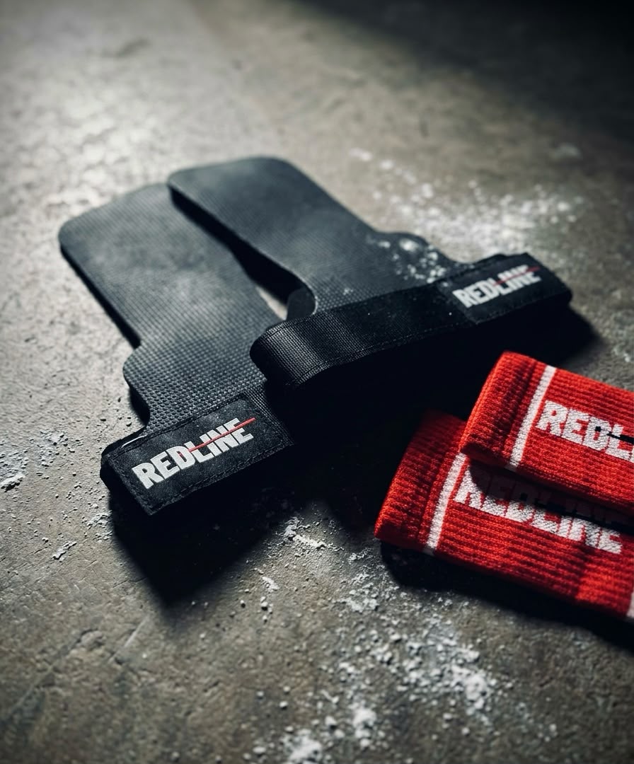 REDLINE Grip Set — carbon hand grips, red wrist wraps and mesh bag